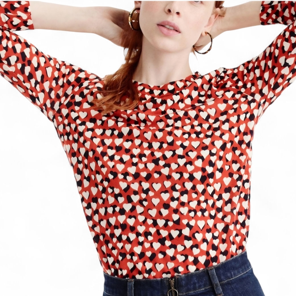 J. Crew Tippi Merino Wool Crew Neck Heart‎ Print Sweater Medium Lightweight - Picture 2 of 9
